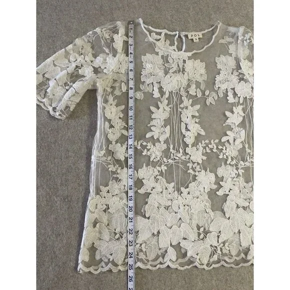 Pol Blouse Womens Small Ivory Sheer Embroidered Shirt Top Floral - Picture 10 of 13